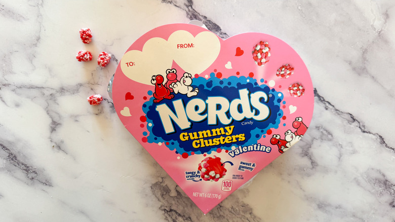 Nerds Valentine Gummy Clusters on marble surface