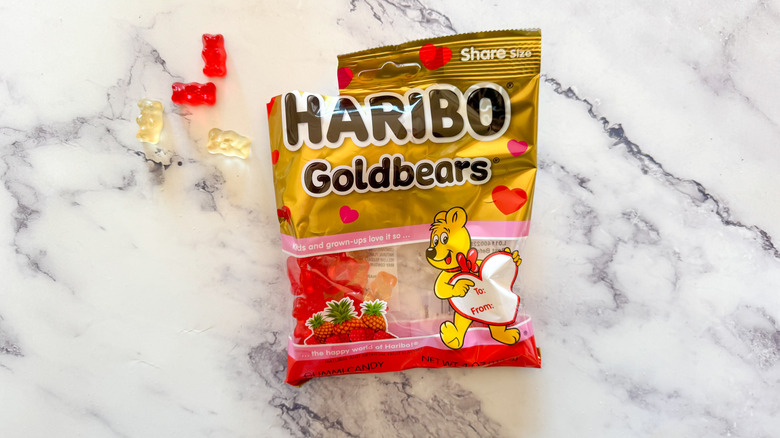 Haribo Goldbears package on marble surface