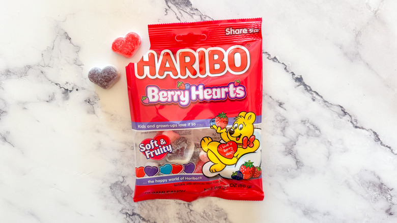 Haribo Berry Hearts candies on a marble tabletop