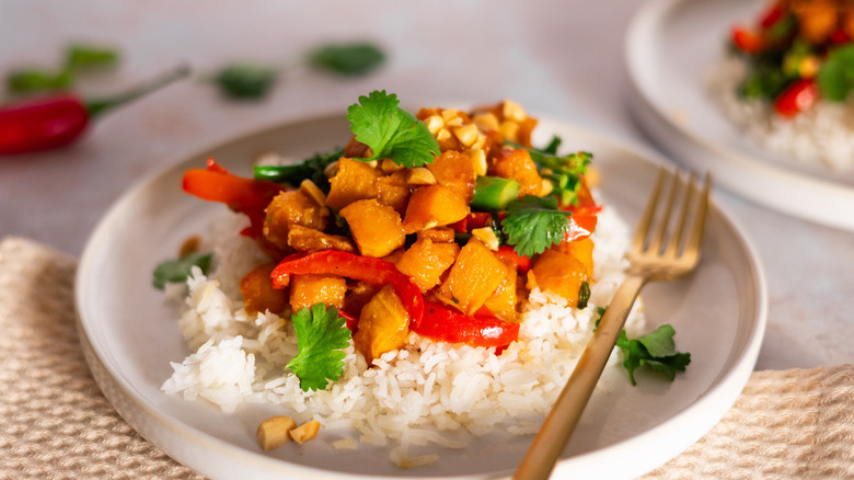 butternut squash stir-fry on rice