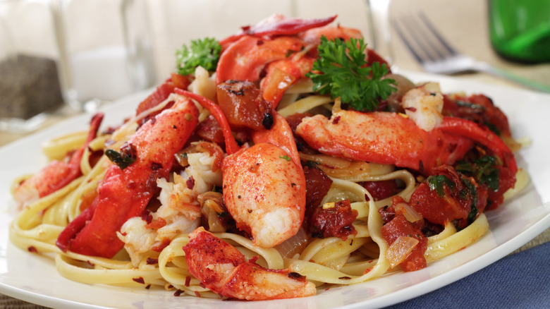 Pasta with lobster pieces plate