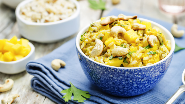 Cashew rice in blue bowl