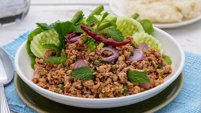 Shallow bowl of larb