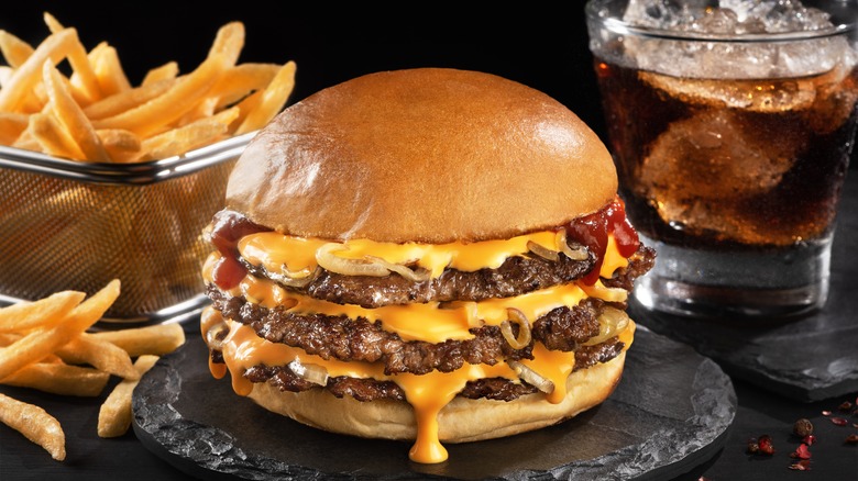 triple cheese burger, fries, and cola