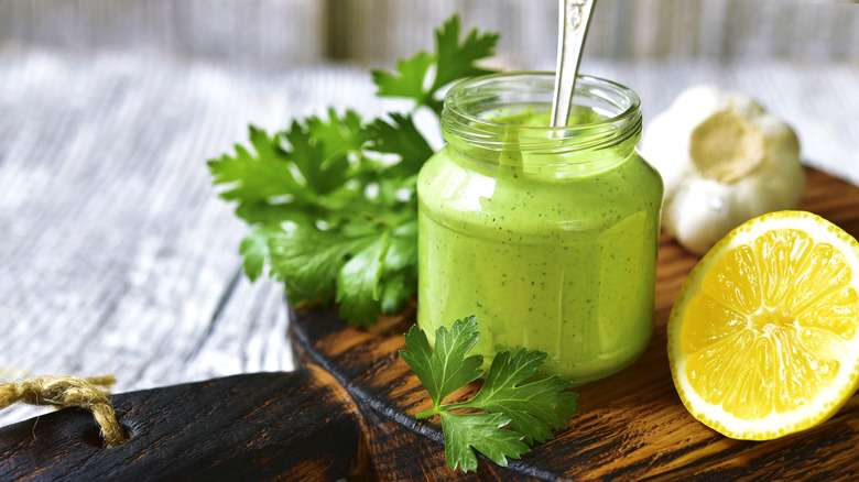 cilantro mayonnaise in small jar