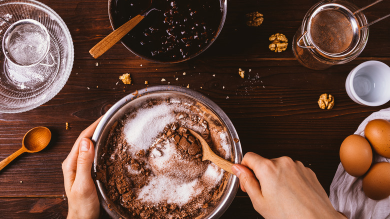 Mixing cocoa powder cookie dough