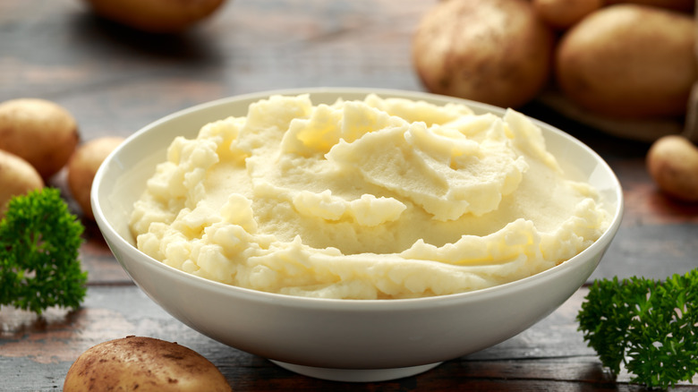 White bowl of mashed potatoes