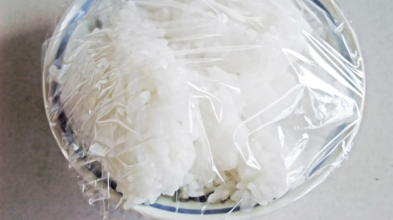 Leftover rice in plastic wrap