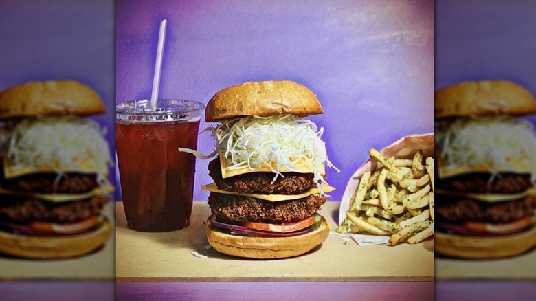 double burger, fries, and soda