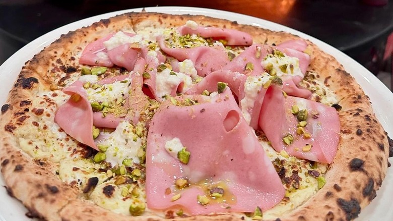 Mortadella, stracciatella and pistachio pizza at Pizzeria Boema