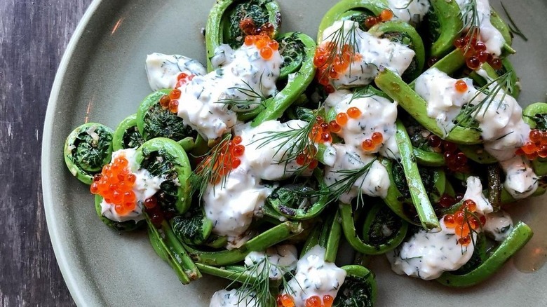 Fiddleheads and roe