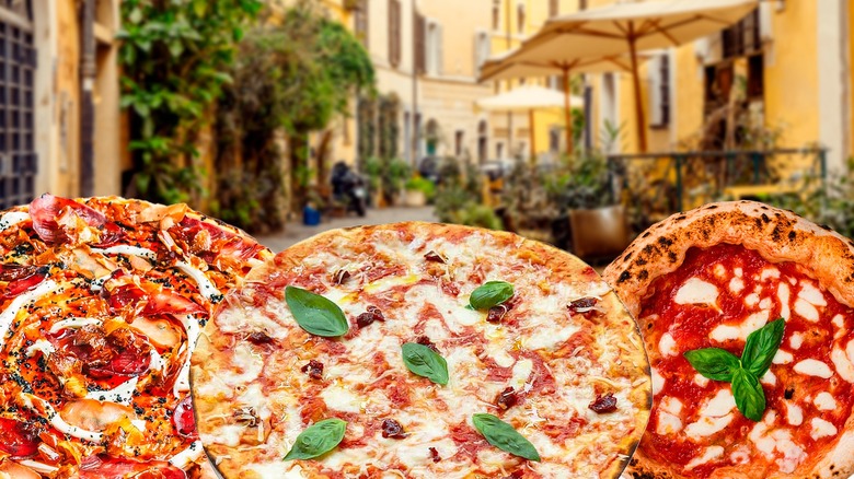 three pizzas in Italian square