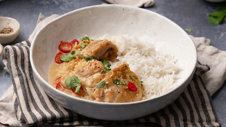 Bowl of coconut lime chicken with rice 