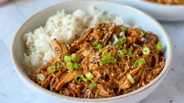 Sesame chicken with rice in a bowl