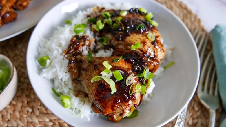 Chicken adobo over rice