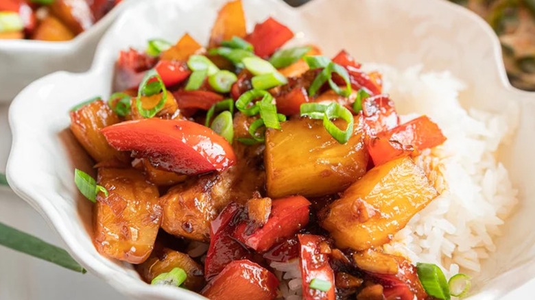 Pineapple chicken in a bowl 