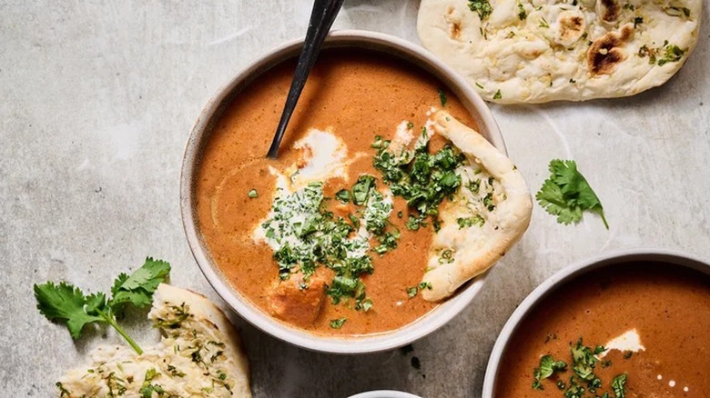 Overview of chicken tikka masala soup in a bowl 