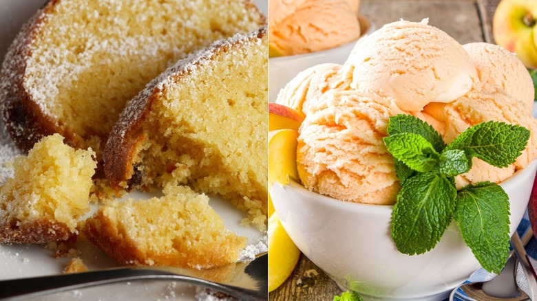 Yellow cake with peach ice cream