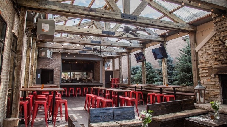 Indoor patio with wood beams