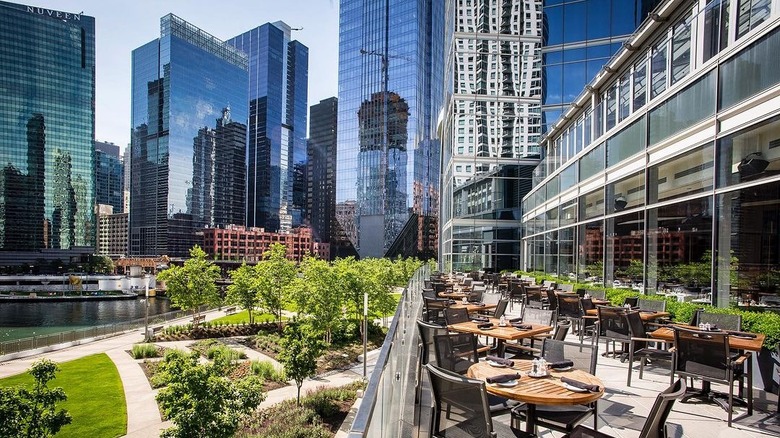 Outdoor patio with skyscrapers