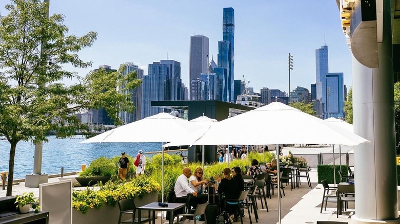 Patio with skyscrapers