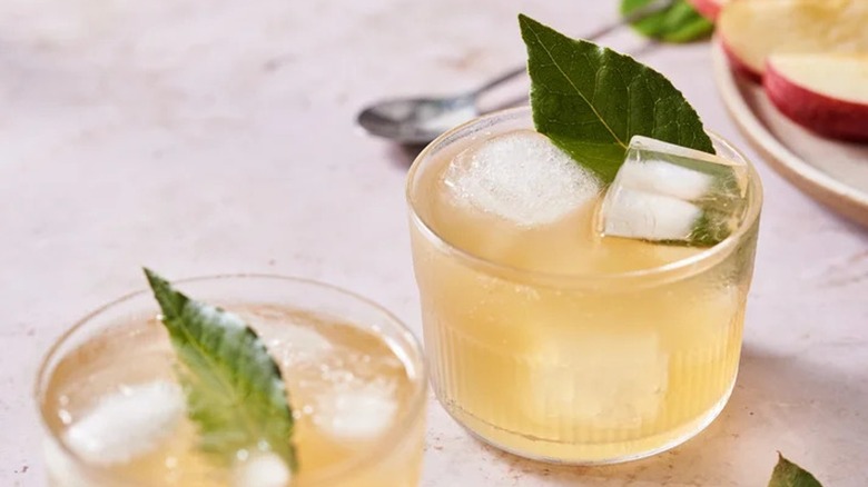 A Miso Cider Spritz Thanksgiving cocktail garnished with a bay leaf