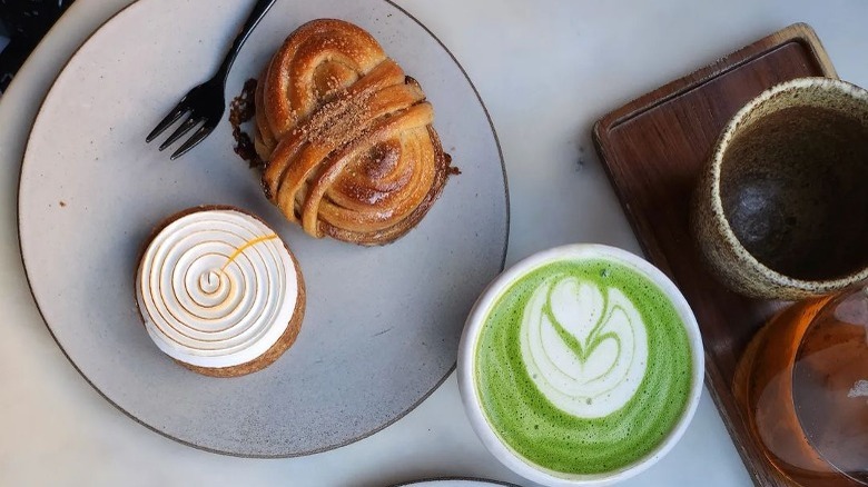 Pastries and matcha overhead