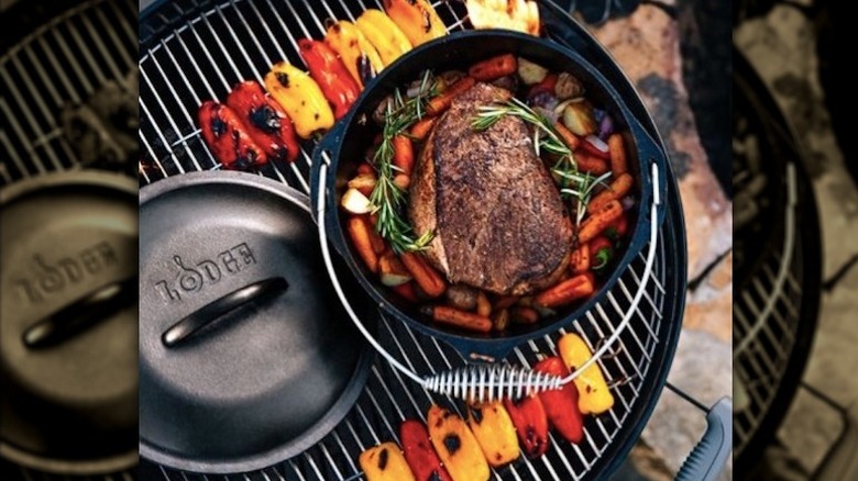 Lodge cast iron pan on a grill