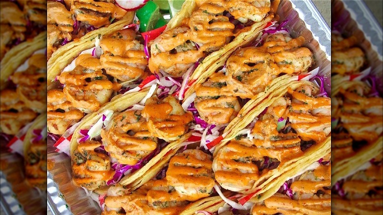 Tray of shrimp tacos