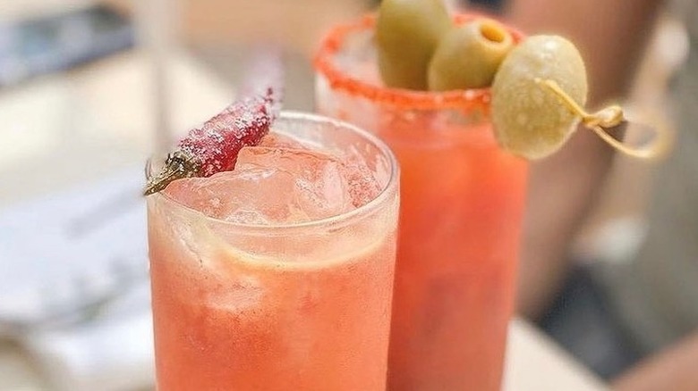 Bloody Marys with garnishes