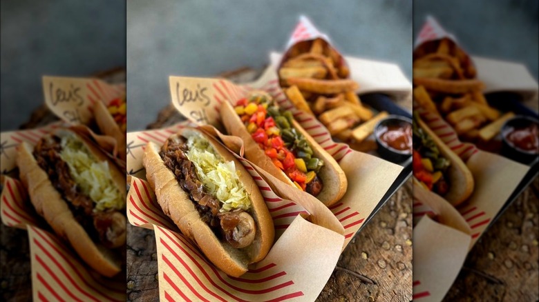 sausage sandwiches and Belgian fries with ketchup