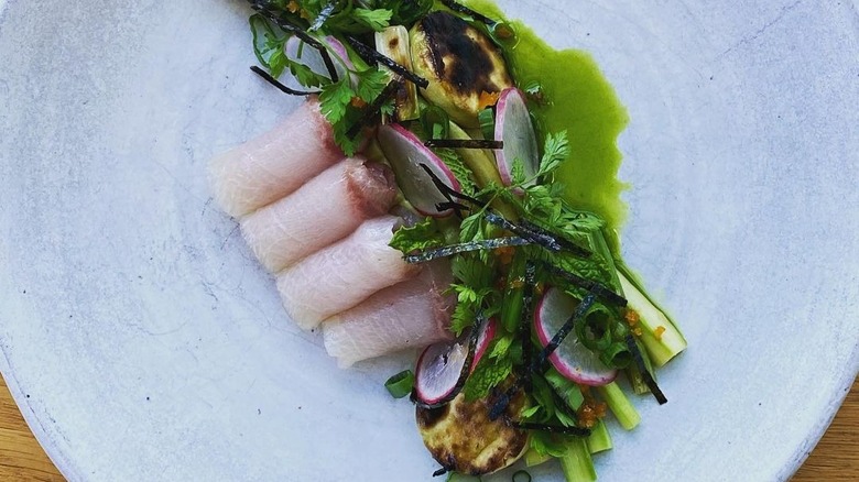 Marinated hamachi and grilled asparagus