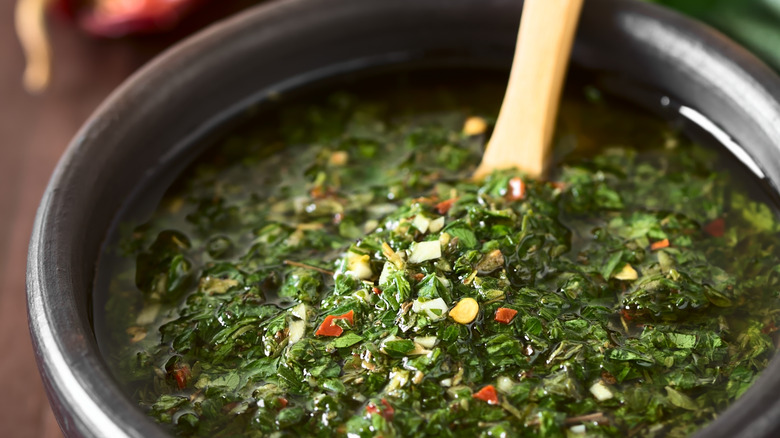 Salsa verde in black bowl