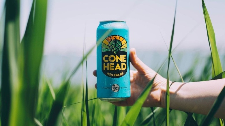 Conehead beer can in grass