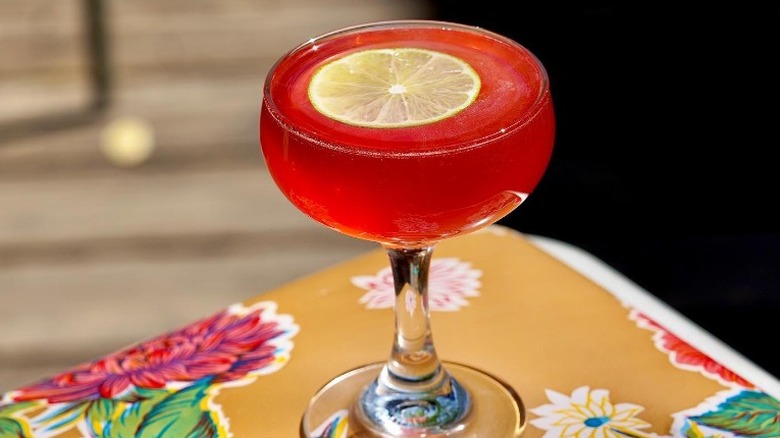 Red cocktail with floating citrus