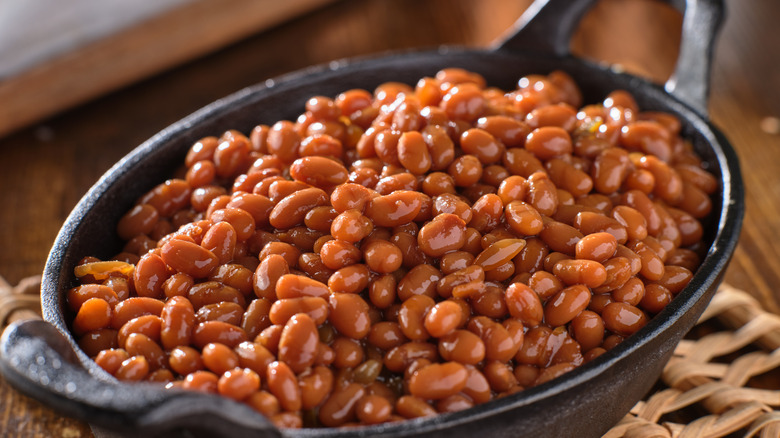 Baked beans in cast-iron skillet