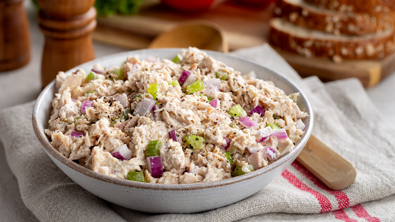 tuna salad in gray bowl