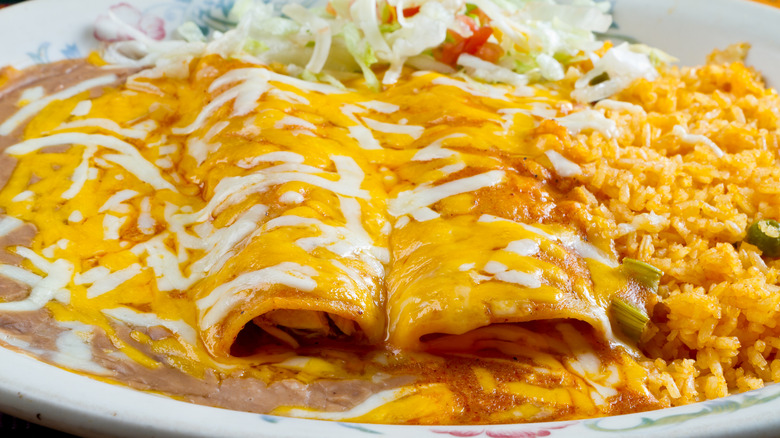 Enchiladas on plate with toppings