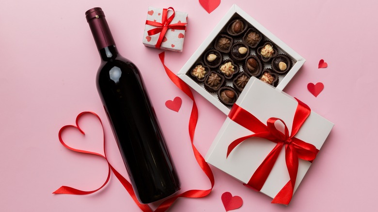 Chocolates with bottle of wine