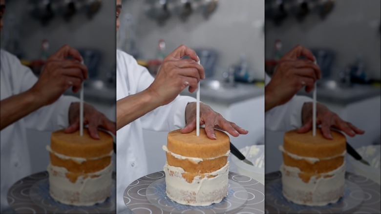 small layer cake with plastic dowel