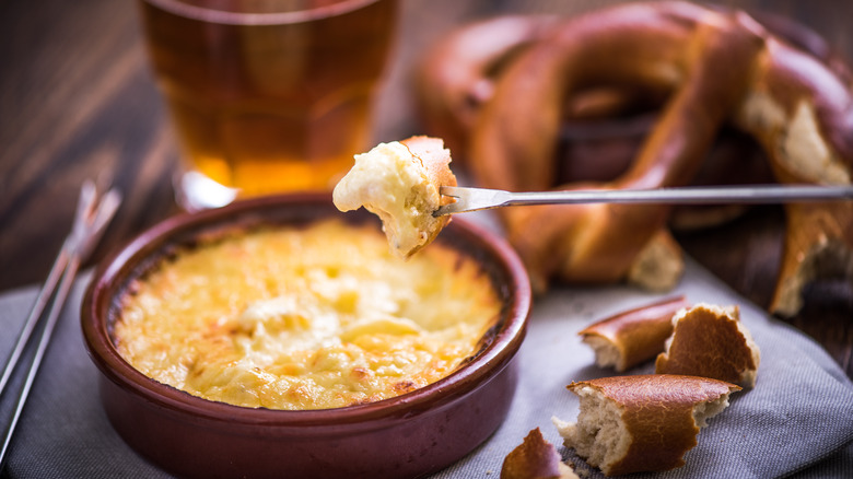 Beer cheese fondue in bowl