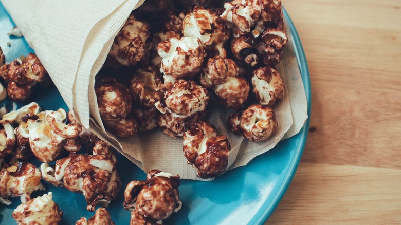 Chocolate popcorn in a cone