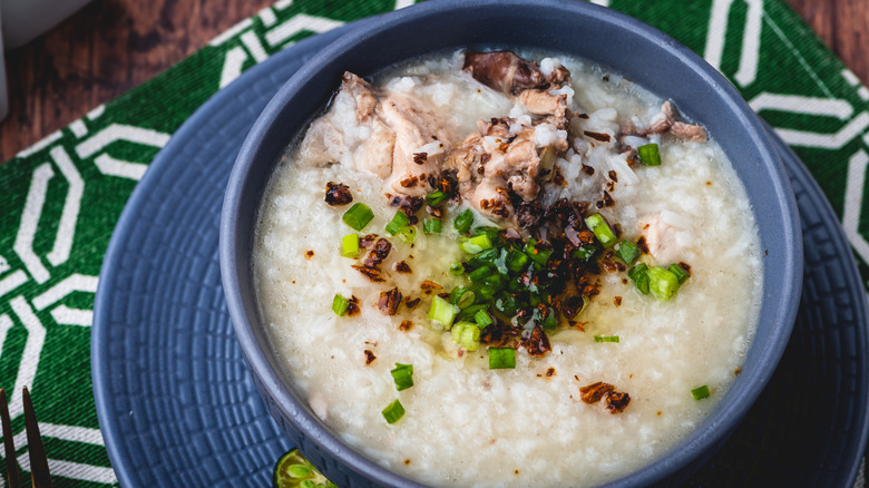 blue bowl filled with congee