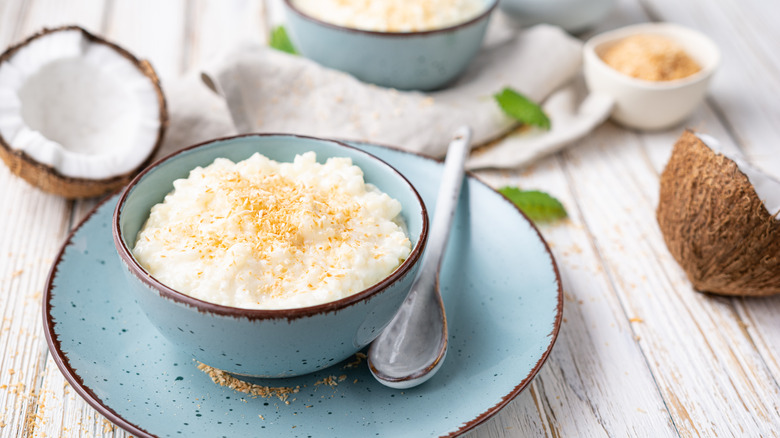 blue plate with chunky rice