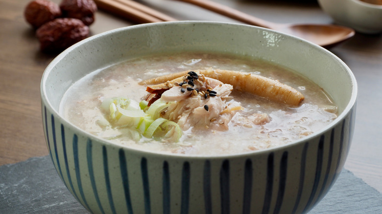 blue striped bowl with congee