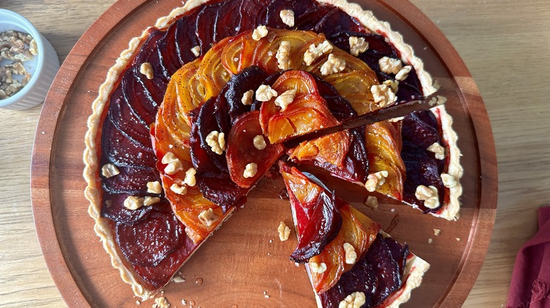 sliced beet tart on platter