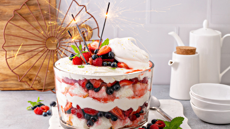 Trifle on counter with sparklers