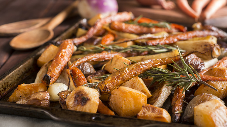 Roasted root vegetables on tray