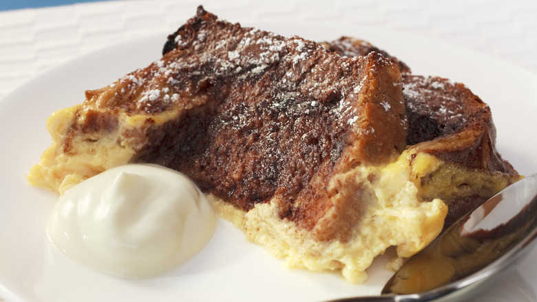 Chocolate bread pudding with cream