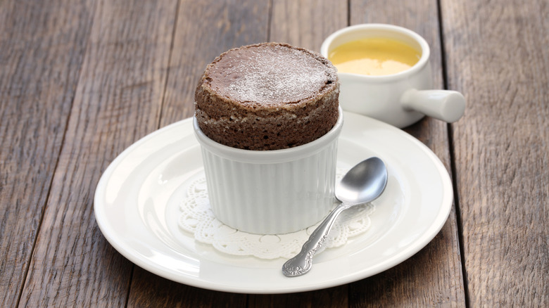 Chocolate souffle in dish